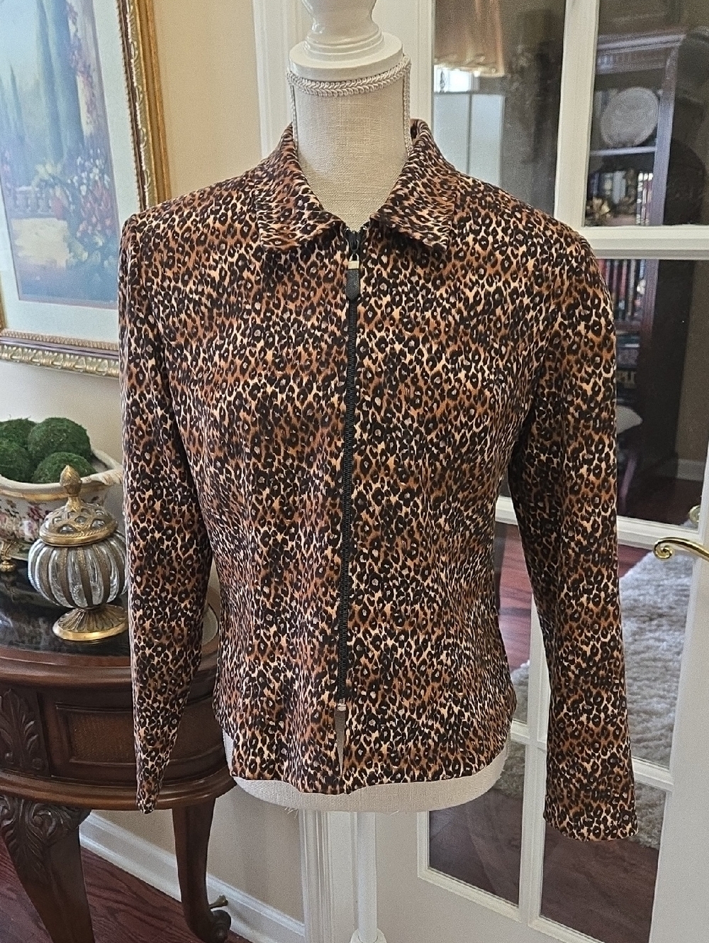 Positive Attitude Leopard Print Full Zip Front Jacket Brown Black Tan Size 10